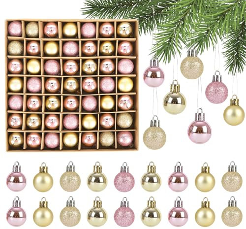 Yomaido Adornos de bolas de Navidad, 49 unidades, oro rosa, 3 cm, inastillables, bolas de Navidad con ganchos y cuerdas, adorno decorativo para colgar en vacaciones, boda, árbol de Navidad, guirnalda