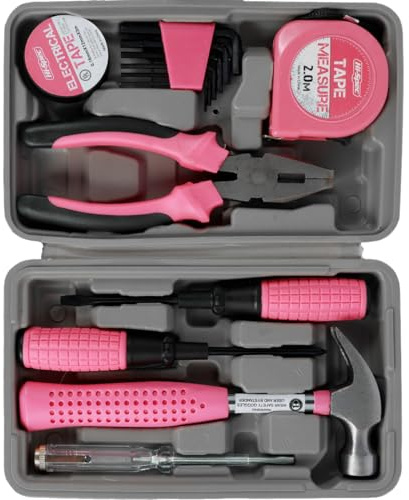 13 Pcs Small Tool Kit for Women Men Household Mini Tool Sets DIY Hand Tool Home Repair Tool Box with Tools Included Hammer Allen Key Set Electrical Tape Screwdriver Test Pen Wire Plier Bits Pink