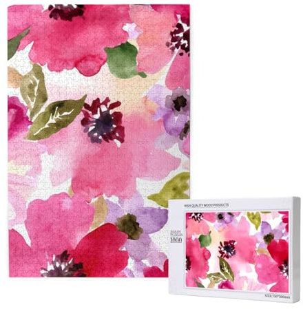 Aquarell Blumen Rosa Fuchsie, Puzzle 1000 Teile, Holzpuzzle, Spielzeug, Familienspiel, Wanddekoration für Erwachsene und Teenager