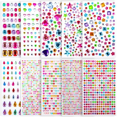 BELLALICHT 10 Blätter Glitzersteine Selbstklebend, Glitzer Basteln Diamanten, Verschiedene Formen Crystal Edelstein zum Aufkleben für Kinderhandwerk Basteln Grußkarten Handyhüllen Fotorahmen (A)