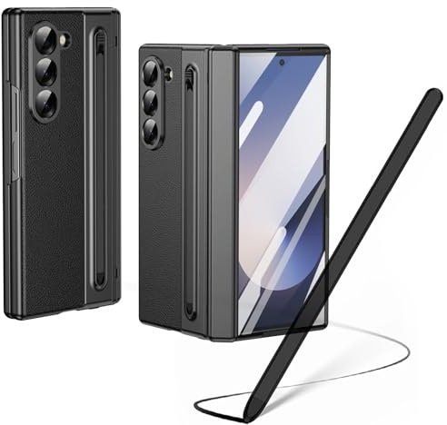 Hülle für Galaxy Z Fold6 mit Stylus Pen, Z Fold 6 Cover mit Displayschutzfolie vorne + S Pen-Steckplatz, Lederhülle für Samsung Galaxy Z Fold6 mit Scharnierschutz-Schwarz