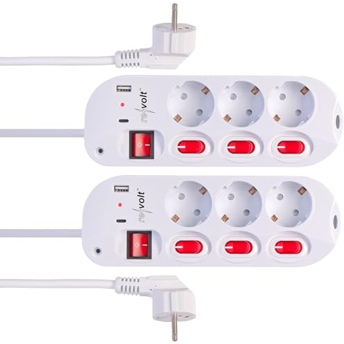 revolt 230-V-Steckdosenleiste: 2er-Set 3-fach-Steckdosenleiste, einzeln schaltbar, 1x USB-C PD/USB-A (mit USB-Ladeports, 230-Volt)