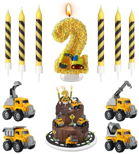 11Pcs Construction 2nd Birthday Cake Decor Set, 2 Candle Truck Cake Toppers | No.2 Candle, Construction theme cake decorations with glitter number 2 digger candle, 6 striped candles and 4 vehicle toppers