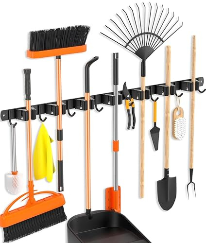 TOJ Living Support mural pour balai - Outils de jardin - Support mural pour balais - Support mural pour balais - 7 supports - 8 crochets - 82 cm - Acier inoxydable - Noir