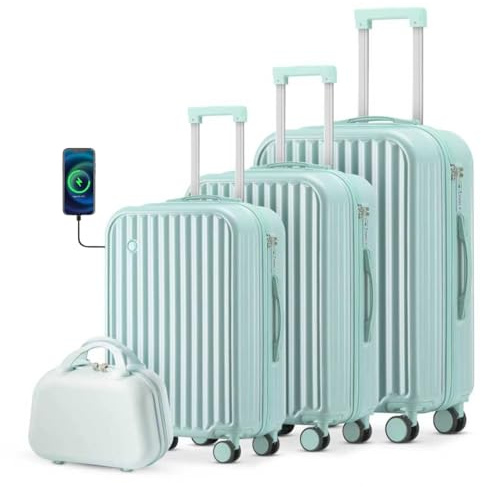 TIYFIY Kofferset 4 Teilig Hartschale Koffer Set mit Kosmetikkoffer Gepäcksets mit Getränkehalter USB-Anschluss Koffer PC-Material Reisekoffer TSA-Schloss 360°-Rollen Trolley Koffer, Blau