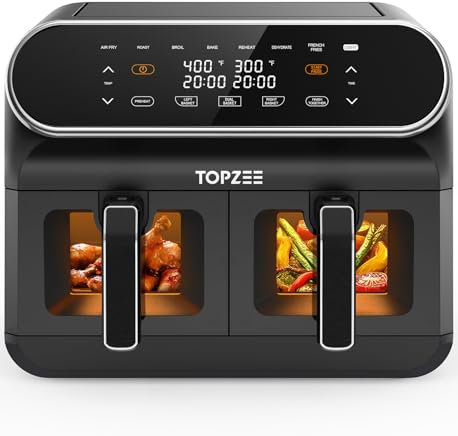 TOPZEE 8L Airfryer, Heißluftfritteuse 2 Kammern mit Sichtfenster, 8-in-1 Voreingestellte Programme, Spülmaschinenfeste Antihaft-Körbe, Schwarz