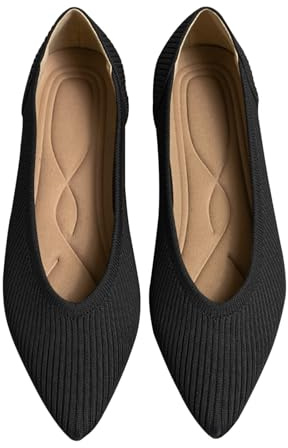 TINGRISE Women's Flats Shoes Pointed Toe Knit Ballet Comfortable Dressy Slip On Flat Black 5.5UK