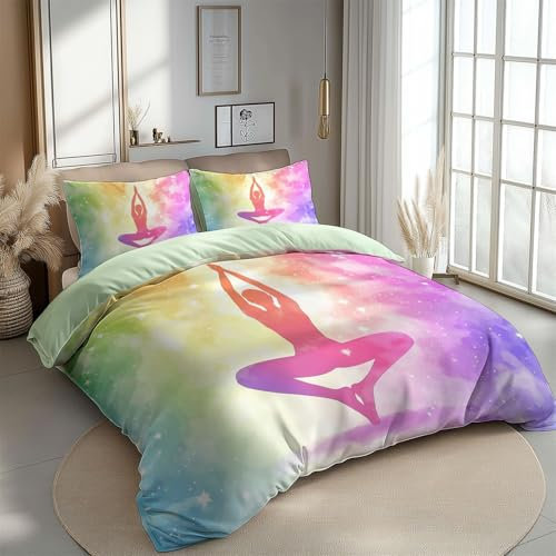 Bettbezug Set 135 x 200 cm Zeichentrick Yoga Sterne, Wende-Bettwäsche Weich 100% Mikrofaser Bettwäsche 3teilig für Teenager Jungen Mädchen mit Reißverschluss und 80 x 80 cm Kissenbezug Hellgrün