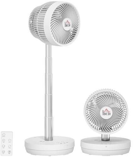 HOMCOM Ventilador de sobremesa con mando a distancia y batería recargable, ventilador de pie portátil alimentado por USB con inclinación y altura ajustables, oscilante, 10 velocidades y temporizador