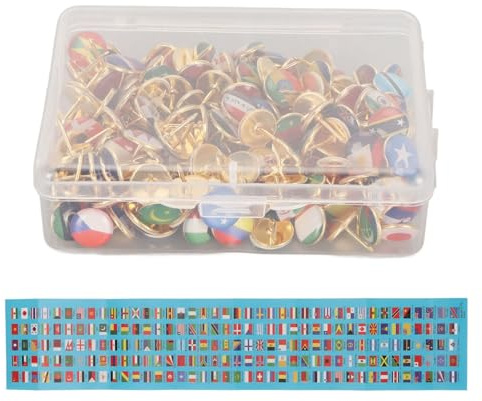 National Flag Thumb Tacks, 200 St Rostfritt Stål Country Flag Push Pins med Förvaringslåda och Flaggguide för kontorsdekoration.