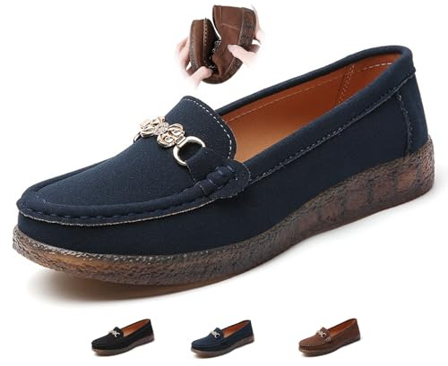 ZPLMIDE Mocasines ortopédicos de piel de ante para mujer, estilo retro, mocasines para conducir, cómodos, sin cordones, a la moda, zapatos náuticos con cadena, Blue, 0 UK