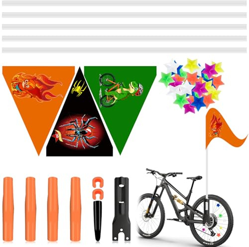 FULHANY 3 StüCk Fahrradwimpel - Fahrradfahne - Fahrrad Fahne Kind - 5 Flagpoles, Cycling Dinosaur And Flame Monkey Flags, 36 Pentagram Bike Spokes