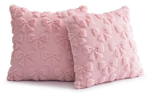 set of 2 Pink Cushion Covers 45 x 45 Bow Pillow Covers Cute soft Faux Fur Soft Preppy Pillows Square-bow patterned Stuff Fluffy Plush Aesthetic Pillows for Sofa Bed Couch