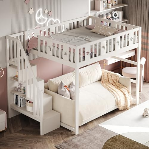 MOBETTRES Etagenbett für Kinder mit Treppe,Hochbett aus Massivholz mit Sicherheitsgeländer, Stern- und Monddekoration (Weiß, 140 * 200)