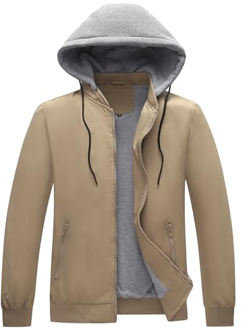 KUDORO Chaqueta Hombre Ligero para Primavera Verano con Capucha Extraíble Cremallera Chaqueta al Aire Libre Casual Bomber a prueba de viento Aviador Clásico, caqui, L