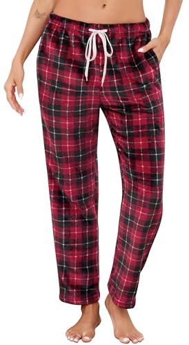 Vlazom Pyjamas för kvinnor, tjocka fleecebyxor, supermjuka loungebyxor, varma rutiga byxor för vinter, myskläder med dragsko och fickor, S-XXL, Vinrött, XXL