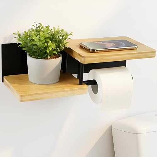 Porte Papier Toilette Mural en Bois de Bambou Derouleur Papier Toilette de Haute qualité sans Percage avec étagères Noir Porte Rouleaux de Papier Toilette