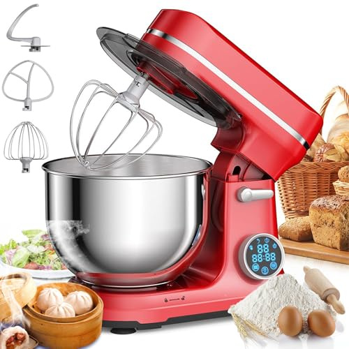 Mélangeur électrique sur socle 1200 W 5 L pour la cuisson à 6 vitesses DC silencieux, écran OLED numérique, avec fouet à crochet à pâte pour batteur, pétrissage, mélange, fouet
