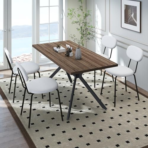 LEWE Essgruppen Esstisch mit 4 Stühlen, 140 x 80 x 76 cm Rechteckig Esstisch aus Holz mit Teddy Stoff Esszimmerstühle, Stapelbar Küchenstühle, für Küche Esszimmer und Wohnzimmer