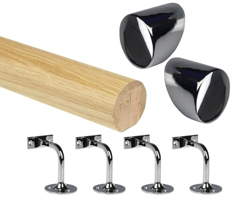 Oak Round Mopstick Handrail Kit with Wall Brackets & Forge End Caps – 1800–4200mm, Chrome/Black/Brushed Nickel/Antique Brass (Chrome, 3600mm)