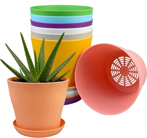 TEYIAN 8 Pack Plastic Plant Pots 14cm/5.5-in Flower Pots with Drainage Holes and Tray Modern Decorative Planter Pot Indoor Outdoor Planters for All House Plants(8 Colour)