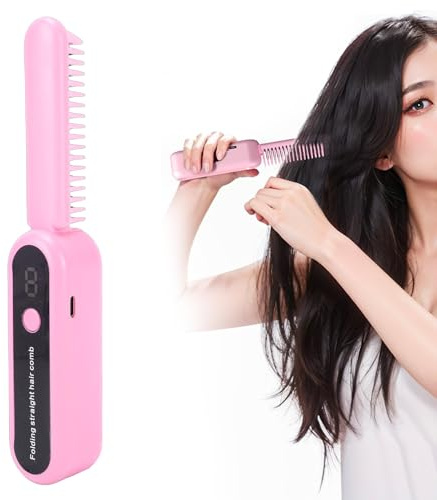 ZJchao Spazzola per Lisciare i Capelli Pieghevole, Mini Portatile Ricaricabile Senza Fili con Tecnologia Anionica e Riscaldamento in 10 Secondi per Capelli Bagnati Asciutti in (PINK)