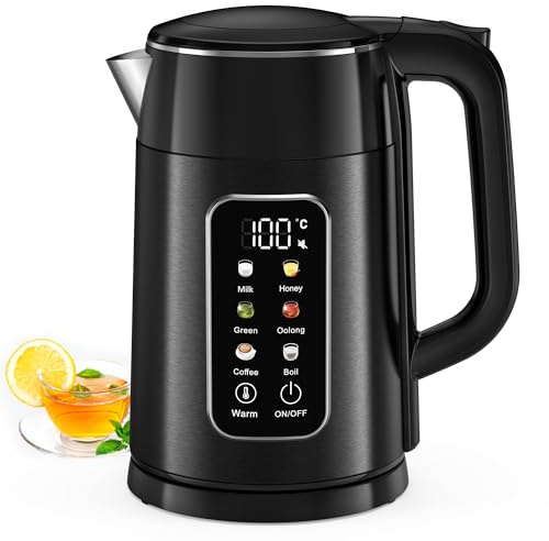 Wasserkocher mit Temperatureinstellung 1,7L 2200W Edelstahl Wasserkocher Schwarz mit 6 Temperaturstufen, Farbdisplay, 2H Warmhaltefunktion, Elektrisch Teekocher Doppelwand BPA frei für Büro Haushalt