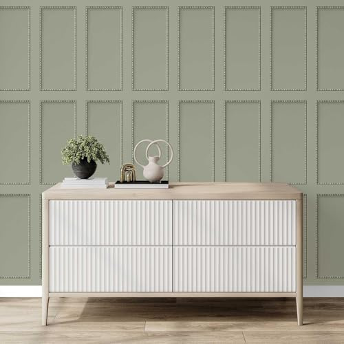Fine Decor Beaded Panel Wallpaper – Natural Wood Effect Wallcovering – 3D Luxury Panelling Design for Living Room, Lounge & Hallway – Smooth Matte Finish, Sage Green FD44165 (10.05m x 53cm)