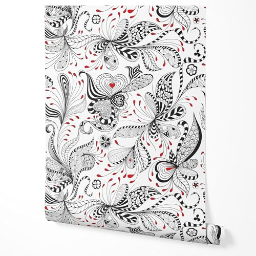 GP TONER Vliestapete Schwarz Weiß Rot Ornamente Tapete Floral Muster Wohnzimmer Schlafzimmer Küche Flur Abstrakte Blumen Modern Vintage Wanddeko Elegant Design UV-beständige Tapete 5m x 0,5m