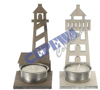 Cepewa - 72340 - Teelichthalter, Maritim, Leuchtturm, Set mit 2 Stück, Farbe weiß und Taupe, 12cm x 6cm