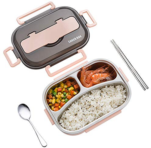 amropi Scatole Bento Lunch Box Acciaio Inossidabile Contenitori 2/3/4/5 Scomparto Dispensa con Bastoncini e Cucchiaio (Rosa, 3 Scomparto)