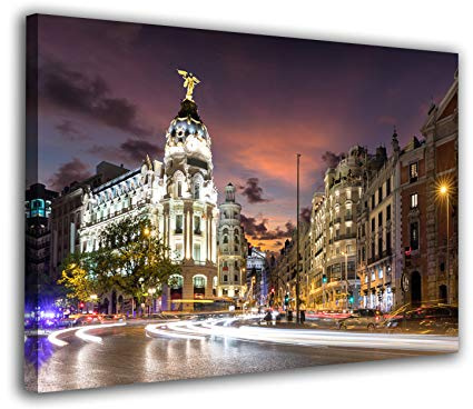 Cuadro Lienzo Gran Via de Madrid con Cielo Rosado – Varias Medidas - Lienzo de Tela Bastidor de Madera de 3 cm - Impresion en Alta resolucion (120, 71)