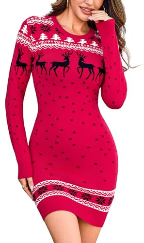 Irevial Robe Femme Hiver Noël Col Rond Robe Pull Femme Robe Tricotée Sweat Femme Christmas Renne Flocon de Neige Arbre Rouge, M