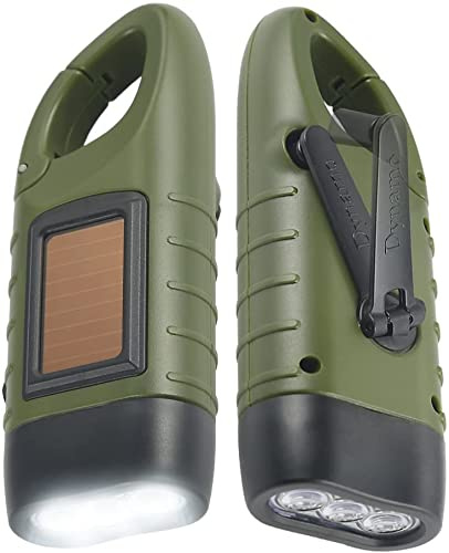 Simpeak Paquete de 2 linternas de manivela con energía solar, linterna LED recargable de emergencia, linterna de supervivencia, linterna de dinamo de mosquetón de cierre rápido para deportes al aire