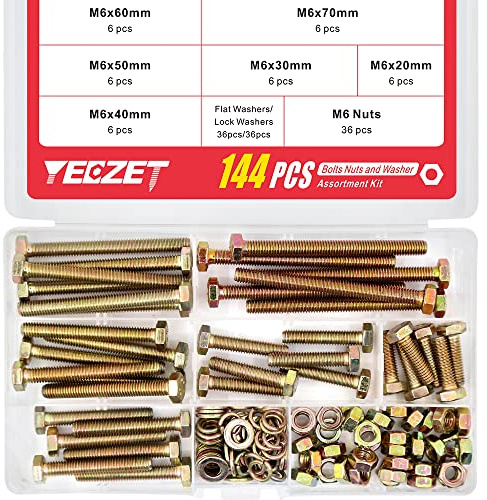YEEZET Schrauben M6 144 Stück verzinkt 8.8 Sechskantschrauben,Unterlegscheiben, Federringe und Muttern Sortiment Kit 20mm 30mm 40mm 50mm 60mm 70mm