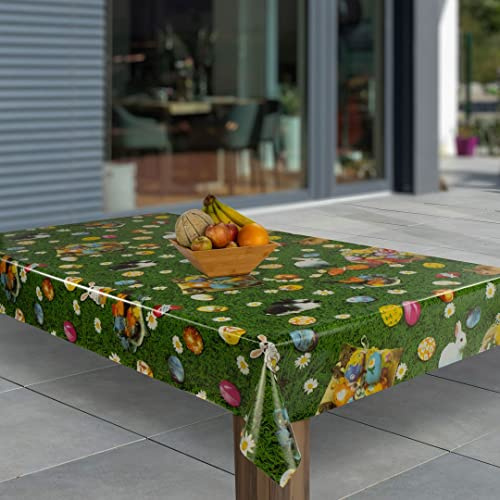laro Wachstuch-Tischdecke Abwaschbar Garten-Tischdecke Wachstischdecke PVC Plastik-Tischdecken Eckig Meterware Wasserabweisend Abwischbar, Muster:Wiese Hase Eier Ostern, Größe:118x140