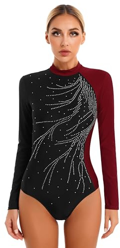Doomiva Damen Turnanzug Langarm Tanzbody Glitzer Gymnastikanzug Ballettanzug Eiskunstlaufanzug Leotards Strass Wettbewerb Tanzkleidung