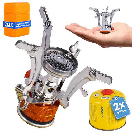 Z.M.C Klappbarer Campingkocher 3200W + 2X Gaskartuschen 300g, Mini Gaskocher Set für Outdoor Aktivitäten, Campinggaskocher faltbar mit Piezozündung