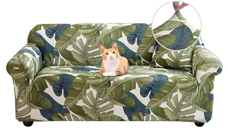 Jaotto Sofabezug 2 Sitzer Elastischer Stretch Spandex Sofa Überwürfe Sofahusse Antirutsch Waschbar Sofaschoner Couchbezug für Sofa mit Armlehne,Grüne Blätter