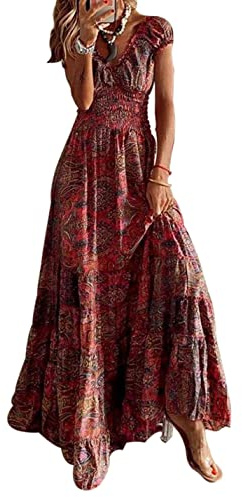 ABYOVRT Robe Maxi D'été pour Femme Bohème Robe de Vacances Col V à Fleur Manches Courtes Robe de Soiree Party Plage(Vin Rouge,L)