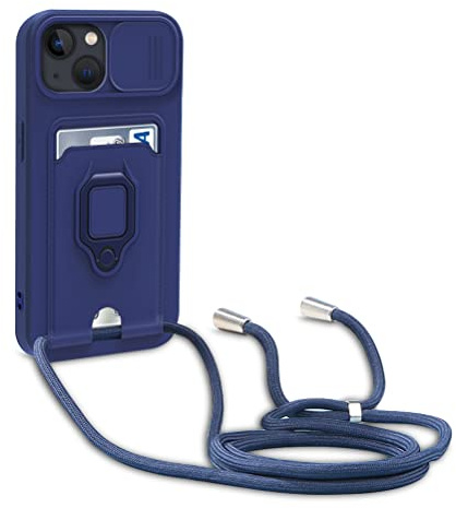 Dllatui Cover Compatibile con iPhone 13, Cover con Cordino Tracolla, Slidable Fotocamera Protezione Custodia,Supporto,Slot Schede, Silicone Case (Blu)