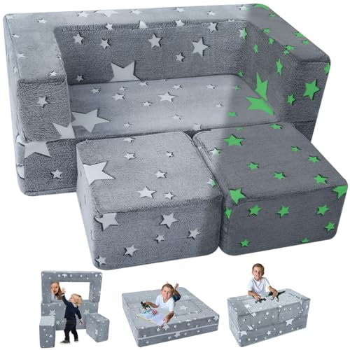 MeMoreCool Kindersofa Spielsofa, Schaumstoff Bausteine, Couch Ausklappbar Im Dunkeln leuchtende, Schlafzimmermöbel, Modulare Mini Sofa für Spielzimmer, Softbausteine für Kuschelecke Kinderzimmer