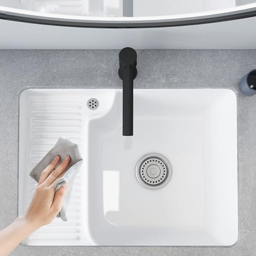 Hltdzer Lavandino per Il Bagno,lavatoio Lavanderia,Lavabo da Incasso in Ceramica con Assicella,con gocciolatoio e Tubo di Scarico, Adatto per bagni, WC, balconi e Cortili Esterni (Size : 74 * 42)