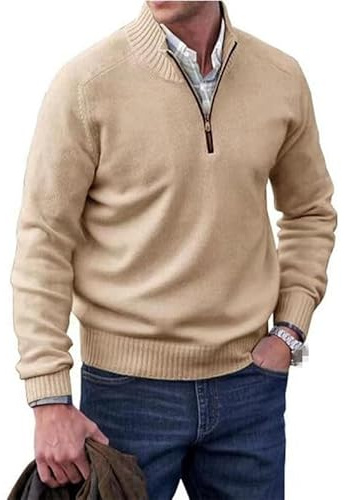 Jersey básico con cremallera de cachemira para hombre, suéter de punto informal de manga larga, suéter de punto sólido, beige, XL
