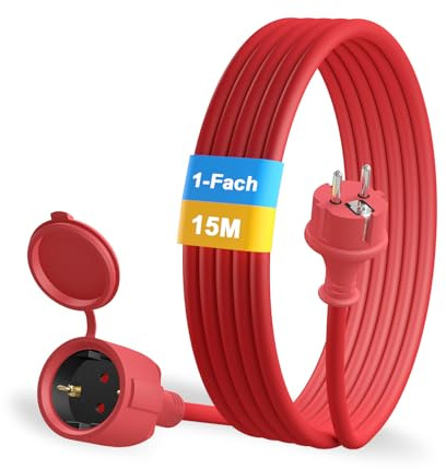 YIDE Verlängerungskabel 15m Outdoor Gummi Verlängerung mit Schuko Stecker für den Außenbereich IP44 Kabelverlängerung H05RR-F 3G 1,5mm² 3500W Elektrokabel außen mit Schutzkappe Rot