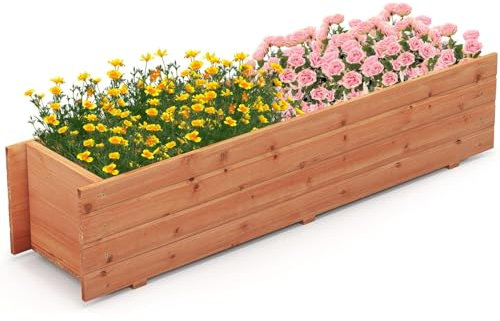 GiantexUK Wooden Garden Planter, Rectangular Raised Bed Flower Pot with 2/4 Drainage Holes, Indoor Outdoor Elevated Planter Boxes Container for Plants Herbs Fruits Vegetables (112x26x25cm, 2 Holes)