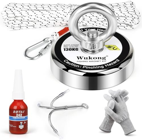 Wukong Magnetfischen Set, 130kg (286lb) starke Zugkraft, Magnet Fischen mit Seil, Haken, Handschuhen Gewindesicherung, runde Neodym-Magneten zur Bergung schwerer Gegenstände unter Wasser im Fluss