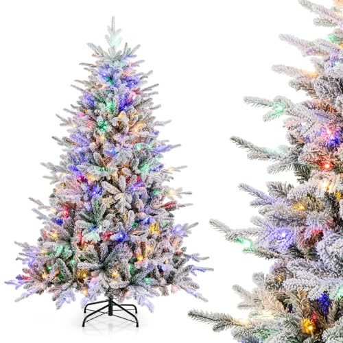 COSTWAY Albero di Natale Artificiale Innevato 135/186/218 CM, Albero di Natale con Cerniera e 8 Modalità luminose, 160/260/350 Luci LED Multicolori e 436/820 /1164 Punte di Ramo in PVC e PE (186 CM)