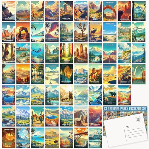 LCLAIDYDY Set di 63 cartoline con parchi nazionali, poster vintage da viaggio, decorazione per la stanza, stile retrò, parchi nazionali statunitensi, per collage da parete postale, 10 x 15 cm