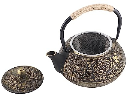 Tetera de hierro fundido, tetera japonesa Tetsubin de bronce de 0,9 l con infusor de acero inoxidable para hojas sueltas, tetera de hierro fundido para estufa, patrones de flores de peonía